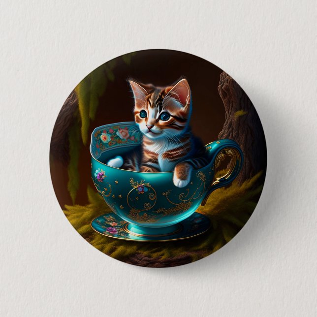 Cat in a teacup | Kitten in a Teacup Cat  Button (Front)