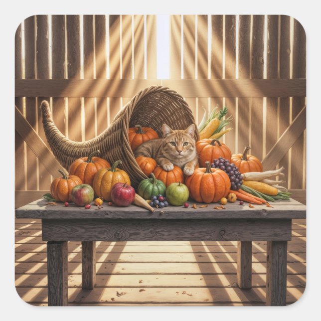 Cat In a Thanksgiving Cornucopia Square Sticker (Front)