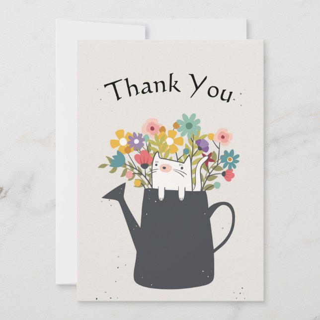 Cat In A Watering Can Thank You Flat Card (Front)