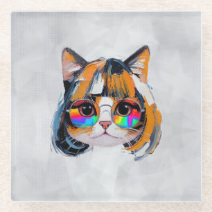 Cat in a Wig + Sunglasses (Painting #2) Glass Coaster