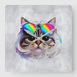 Cat in a Wig + Sunglasses (Painting #3) Square Wall Clock