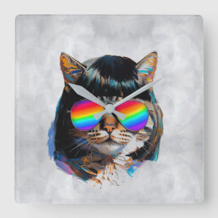 Cat in a Wig + Sunglasses (Painting #5) Square Wall Clock