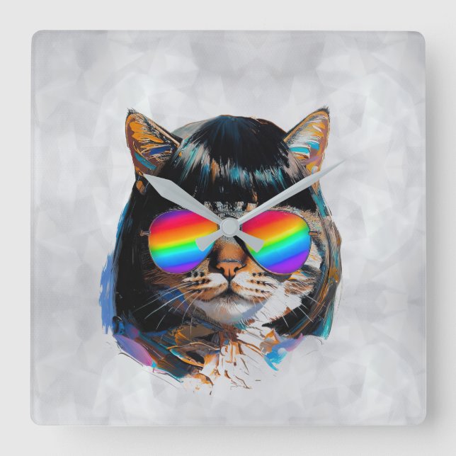 Cat in a Wig + Sunglasses (Painting #5) Square Wall Clock (Front)