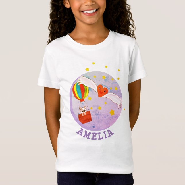 Cat in Air Balloon Kawaii Heart with Wings Name T-Shirt (Front)