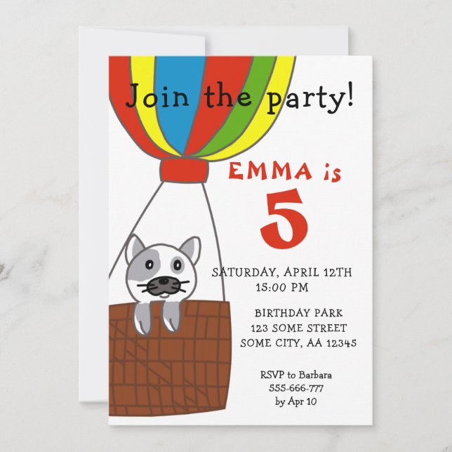 Cat in Air Balloon Kids Birthday Invitation (Front)