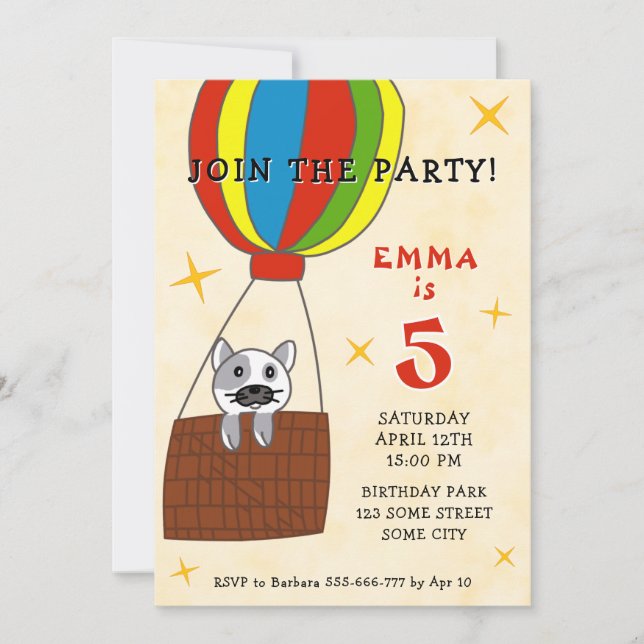 Cat in Air Balloon Kids Birthday Invitation (Front)