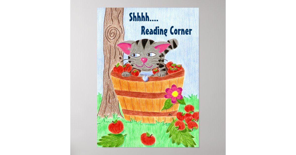Cat In Apple Basket Reading Corner Poster Zazzle Com