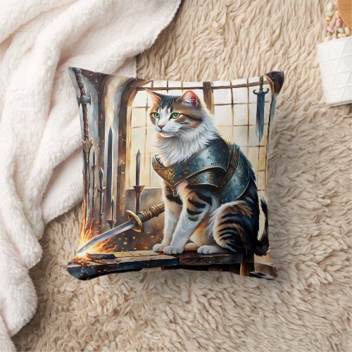 Cat in Armor Surrounded by Swords at Dawn Throw Pillow