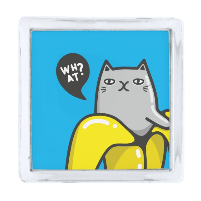 Cat in banana silver finish lapel pin (Front)