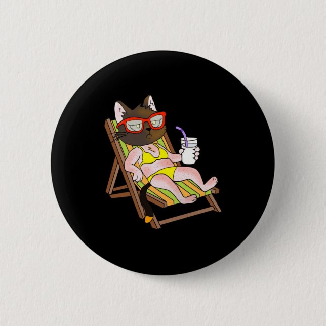 Cat In Bikini On Beach Chair Drinking Button (Front)