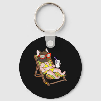 Cat In Bikini On Beach Chair Drinking Keychain