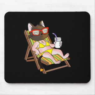 Cat In Bikini On Beach Chair Drinking Mouse Pad