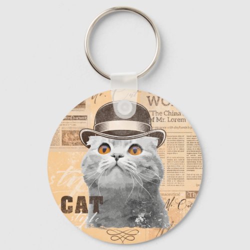 Cat in bowler hat old classic newspaper vintage  keychain