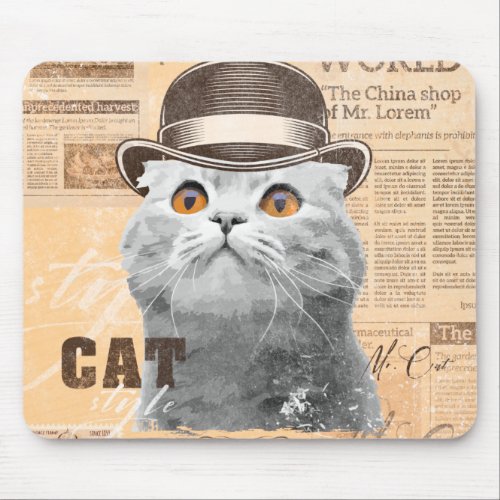 Cat in bowler hat, old classic newspaper, vintage  mouse pad