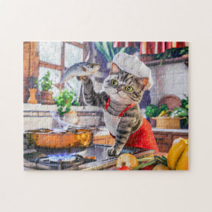 Cat in chef hat cooking with vegetables and fish jigsaw puzzle