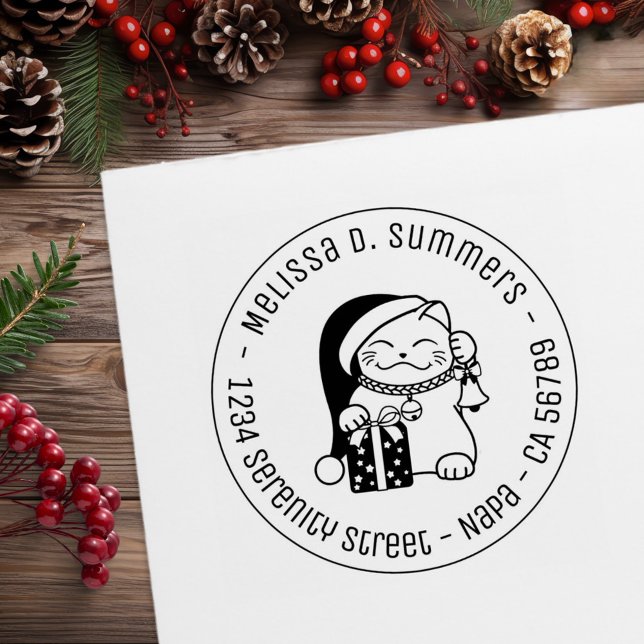 Cat in Christmas Hat Round Address Rubber Stamp (Creator Uploaded)