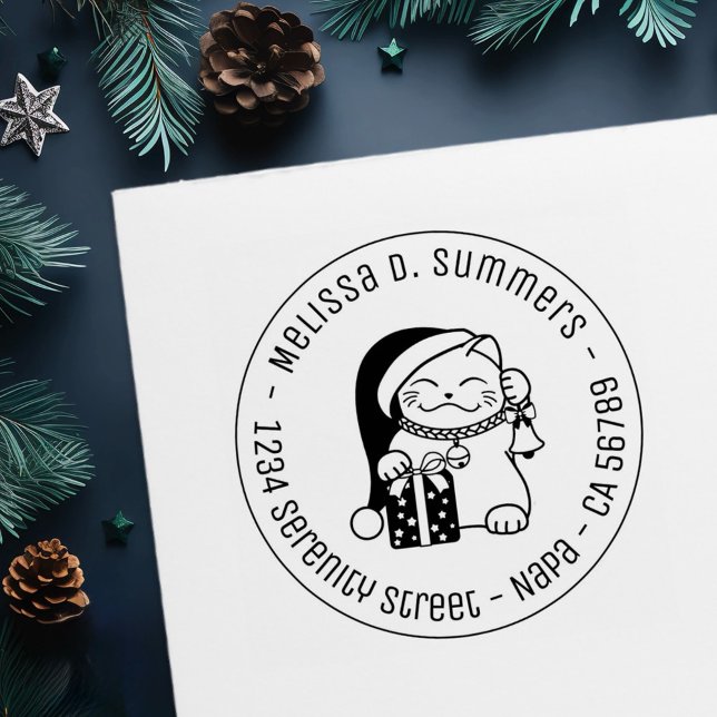Cat in Christmas Hat Round Address Self-inking Stamp (Creator Uploaded)
