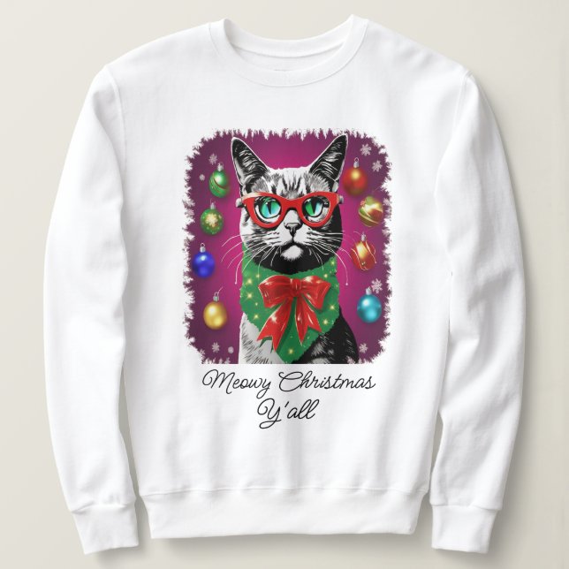 Cat in Christmas Lights, Funny Meowy Christmas Sweatshirt (Design Front)