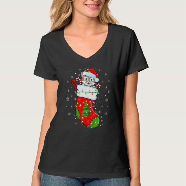 Cat In Christmas Socks Santa Cat Xmas T-Shirt (Front)