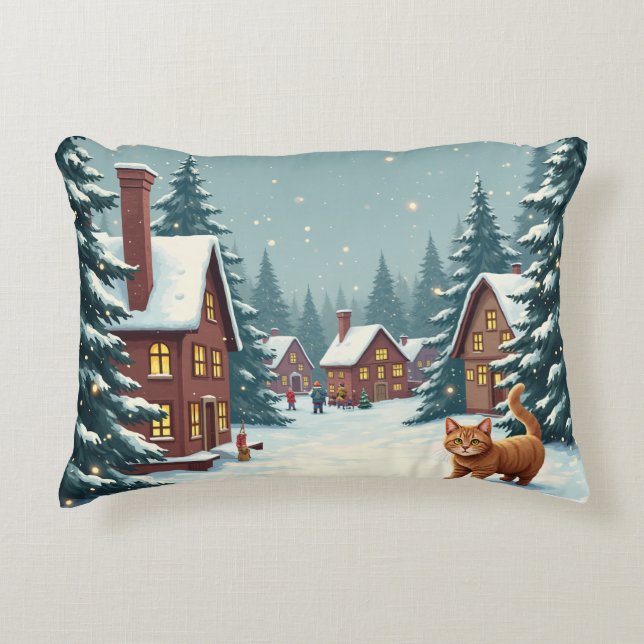cat in christmas village accent pillow (Front)