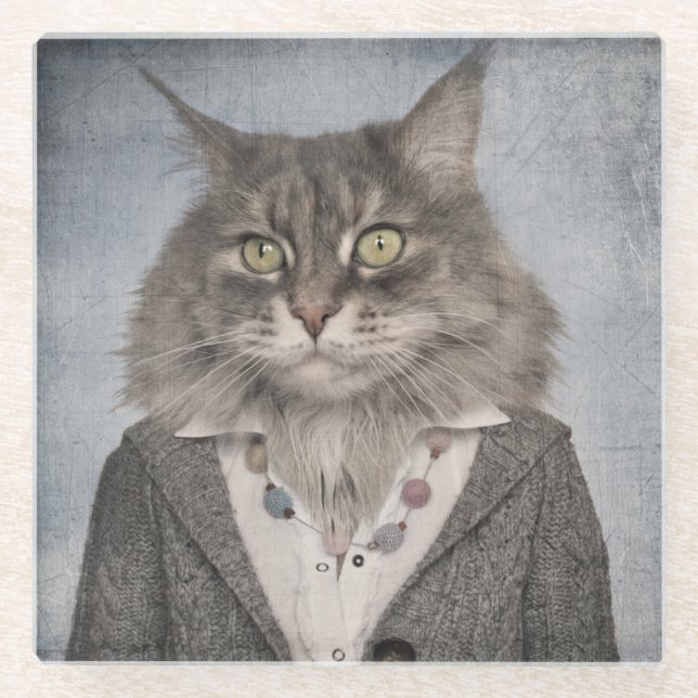 Cat In Clothes Glass Coaster (Front)