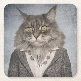 Cat In Clothes Square Paper Coaster