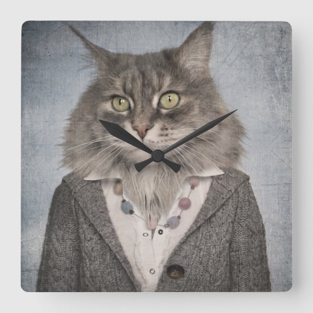 Cat In Clothes Square Wall Clock (Front)