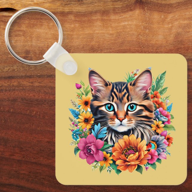Cat in Colorful Floral Wreath Keychain (Front)