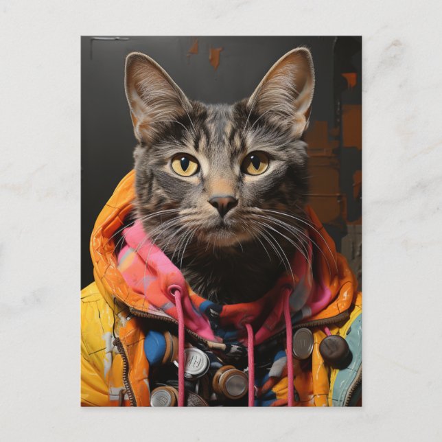 Cat in Colorful Hoodie and Jacket AI Art Postcard (Front)