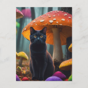 cat in colorful mushrooms postcard