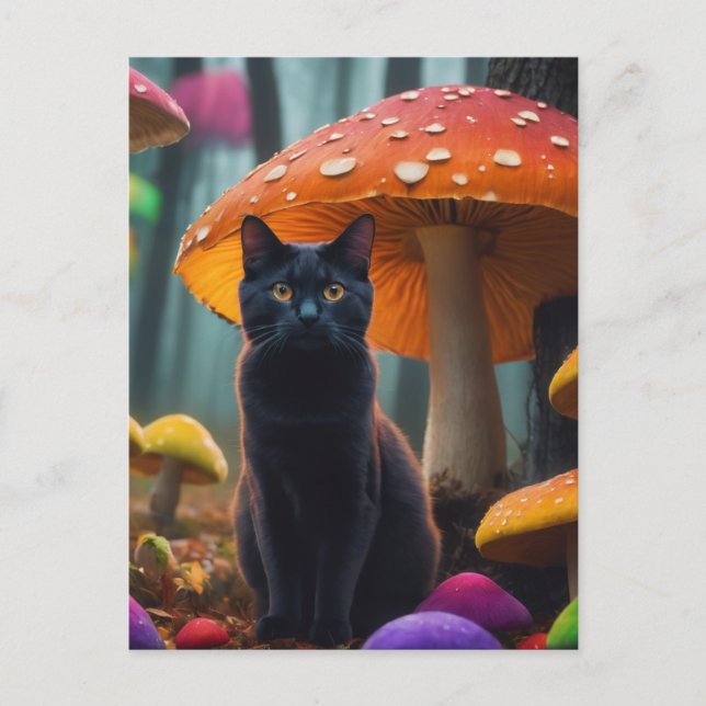 cat in colorful mushrooms postcard (Front)