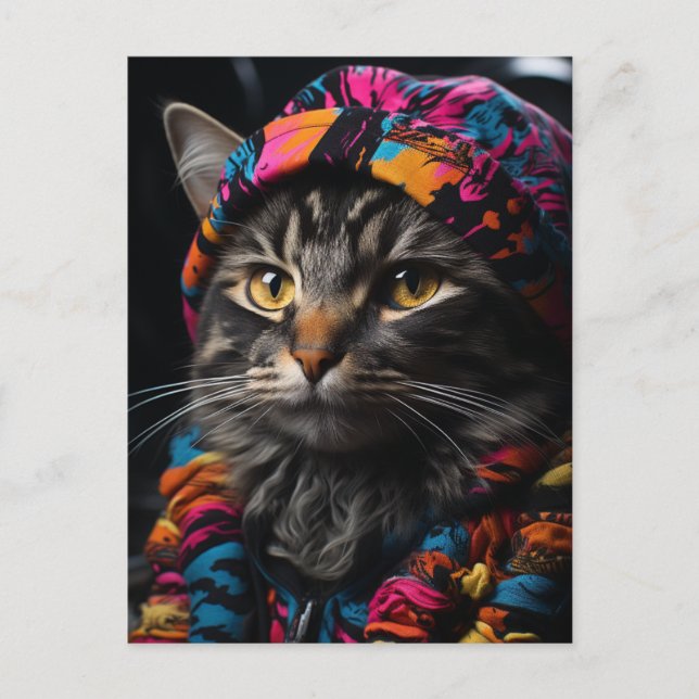 Cat in Colorful Retro Clothing Postcard (Front)