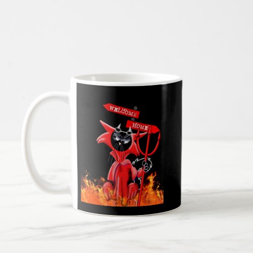 cat in devil costume with welcome home sign coffee mug