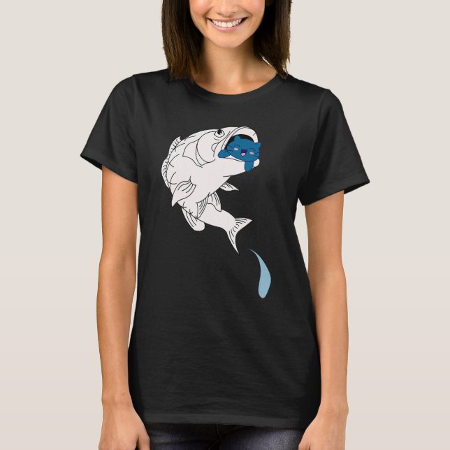 Cat In Fish Mouth Cat Fish  Bass Fishing Fisher T-Shirt (Front)