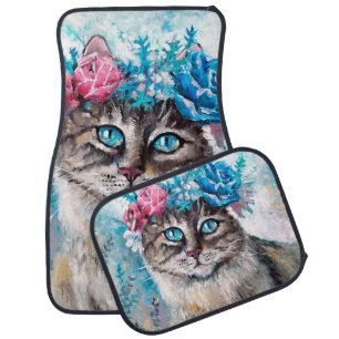 Cat in flower wreath oil painting on canvas. Winte Car Floor Mat
