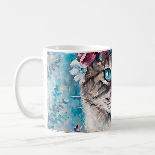 Cat in flower wreath oil painting on canvas. Winte Coffee Mug (Left)