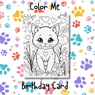 Cat in Flowers Coloring Page Birthday Card