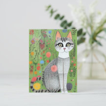 Cat In Flowers Folk Art Card