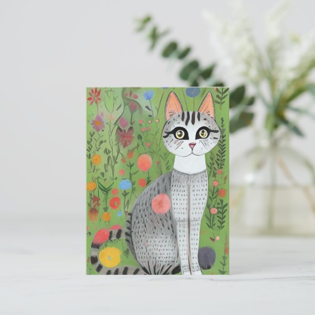 Cat In Flowers Folk Art Card (Standing Front)