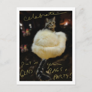Cat in Fur Coat "Celebrate" postcard / blank