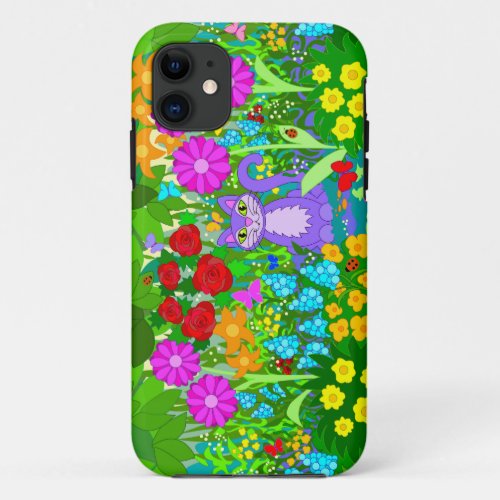 Cat in Garden Colorful Art Flowers Butterflies iPhone 11 Case