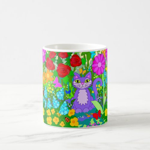 Cat in Garden Colorful Butterflies Fantasy Flowers Coffee Mug