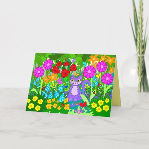 Cat in Garden Fantasy Flowers Butterflies Ladybugs Card