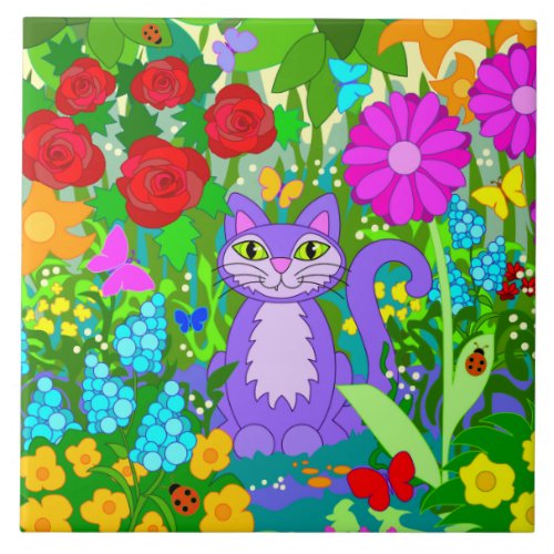 Cat in Garden Fantasy Flowers Butterflies Ladybugs Ceramic Tile