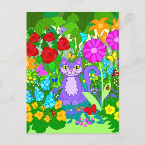 Cat in Garden Fantasy Flowers Butterflies Ladybugs Postcard