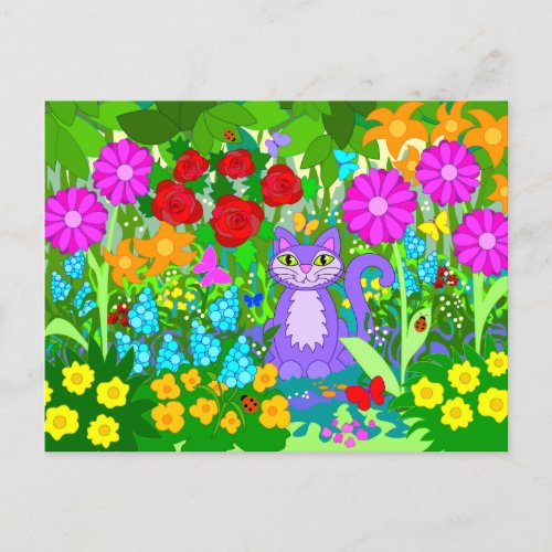 Cat in Garden Fantasy Flowers Butterflies Ladybugs Postcard