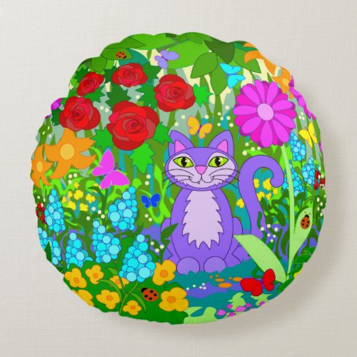 Cat in Garden Fantasy Flowers Butterflies Ladybugs Round Pillow