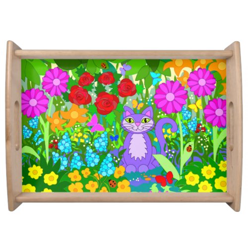 Cat in Garden Fantasy Flowers Butterflies Ladybugs Serving Tray