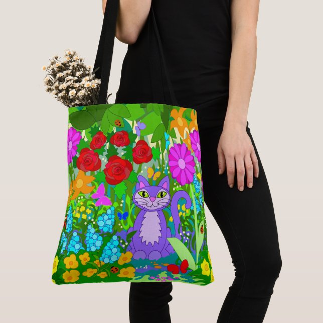 Cat in Garden Fantasy Flowers Butterflies Ladybugs Tote Bag (Close Up)