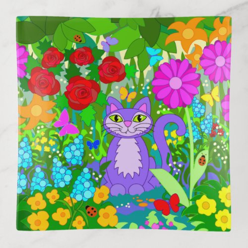 Cat in Garden Fantasy Flowers Butterflies Ladybugs Trinket Tray